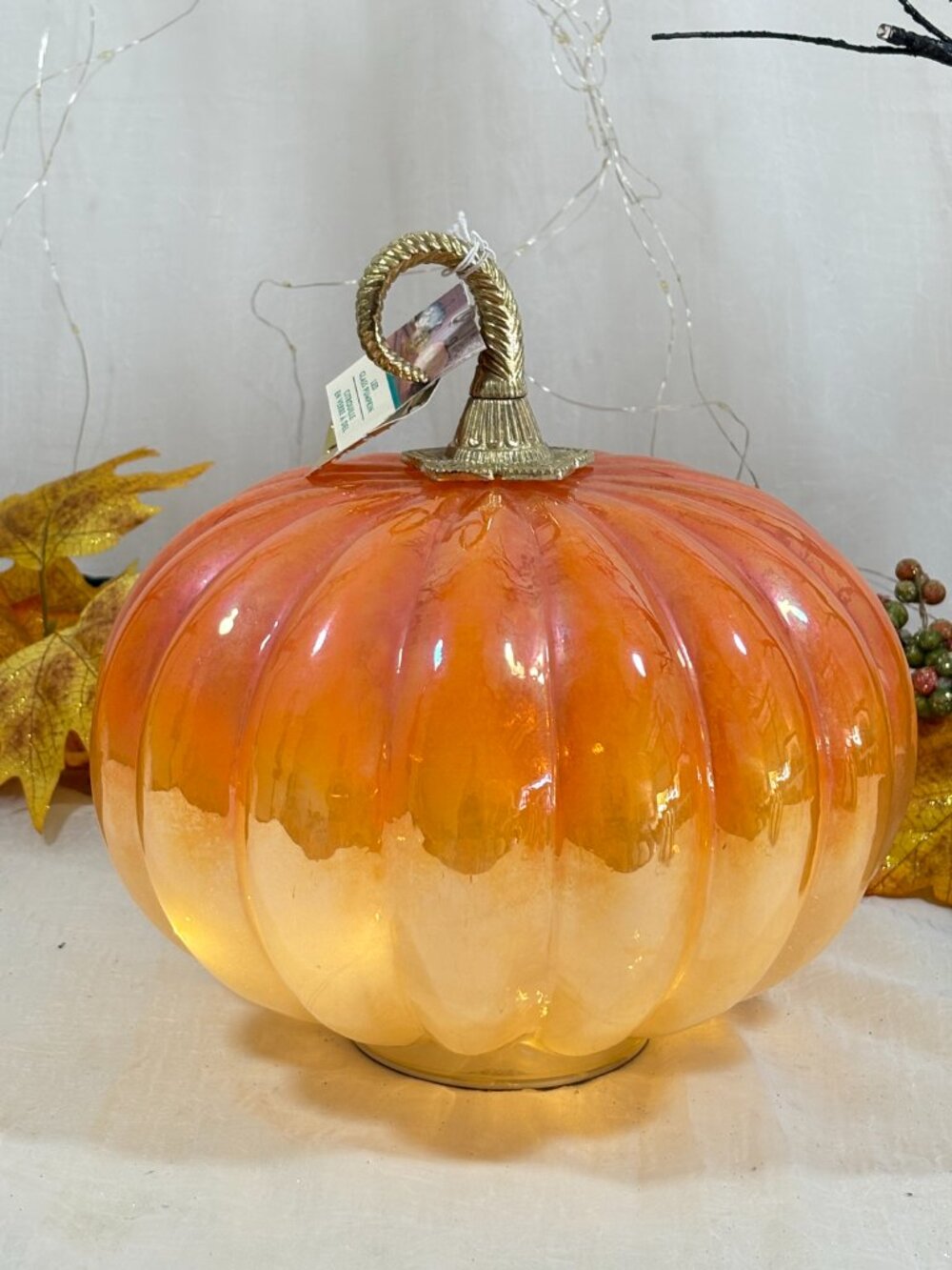 Rachel Zoe Ombre Orange White Opalescent Light up LED Glass Pumpkin Fall New 10"